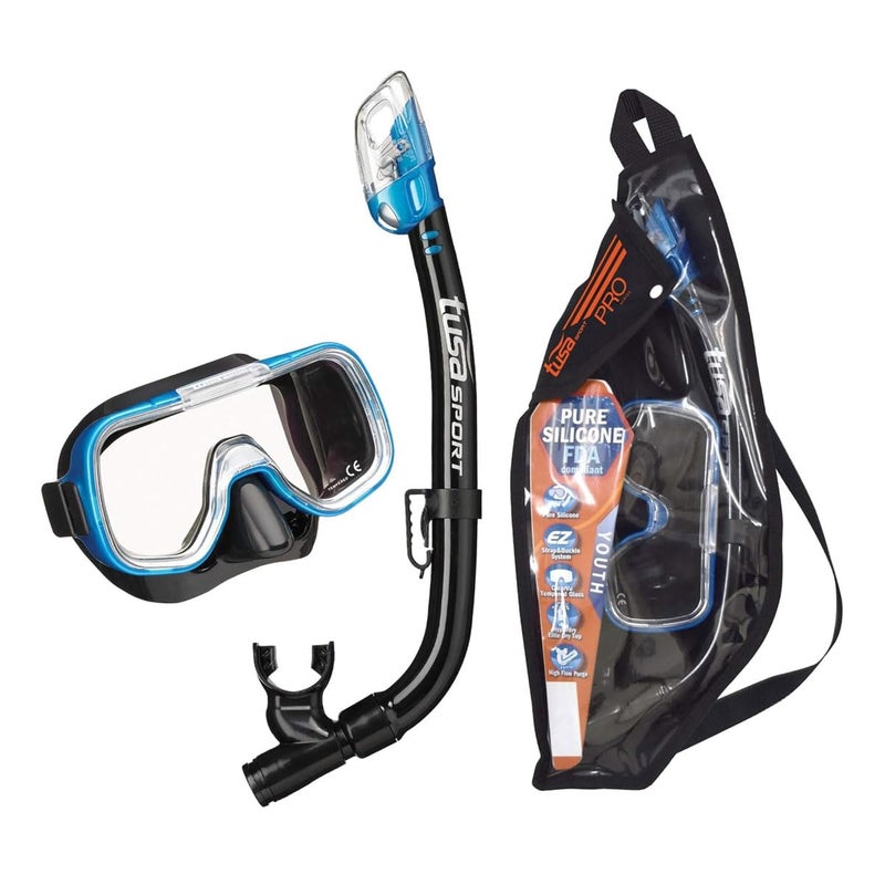 TUSA Sport Youth Mini-Kleio Mask and Dry Snorkel Combo Set, Black/Fishtail Blue, (UC-2022P-BKFB) - Image 1